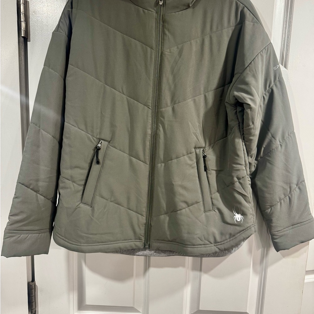 Women’s Spyder insulated hooded jacket in olive green, size Medium